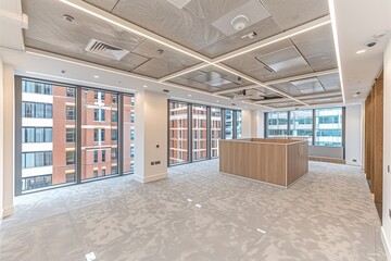 A modern office interior featuring large windows, wooden furniture, and a clean aesthetic, designed for a bright and open workspace.
