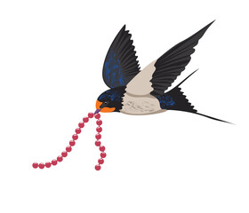 Fototapeta premium Swallow brightly colored plumage carries red beads in its beak. Vector isolated color vector drawing. Blue textured feathers, light colored body, black tail. Spring bird holding symbol beauty, fashion