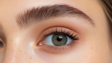 Obraz premium Close-up view of a person's eye showcasing natural beauty and well-groomed eyebrows in soft lighting