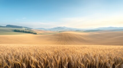 Obraz premium Golden Wheat Field Extends to Hills Under a Calm Sky