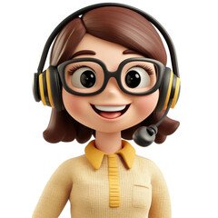 3D Cartoon Occupation. Smiling Cartoon Woman Wearing Headset and Glasses