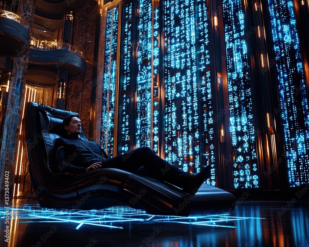 Poster a digital dreamscape: man relaxing in futuristic environment with illuminated walls and high-tech ae