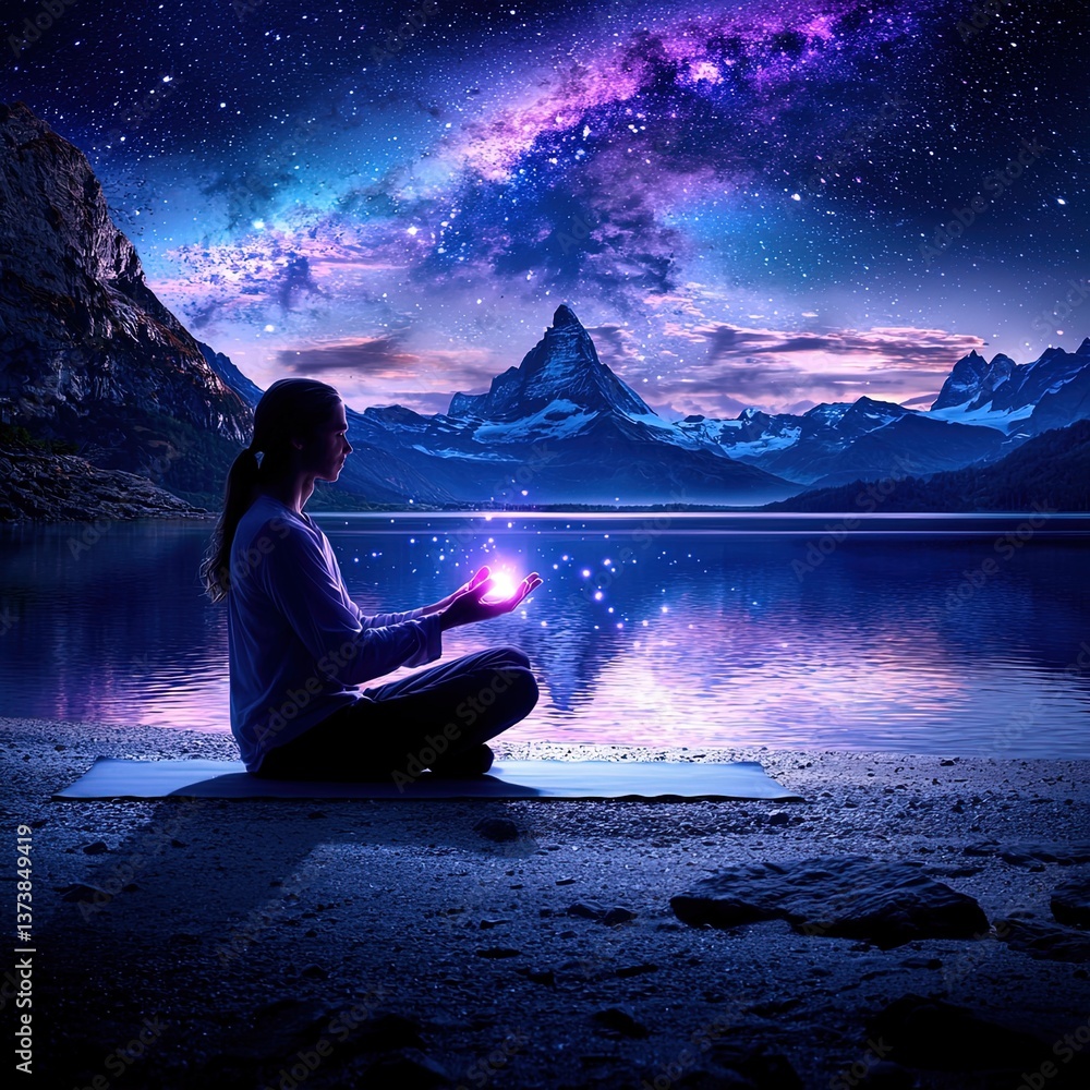 Poster man meditating by a tranquil lake under a starry sky in a dreamlike style reflecting digital art and