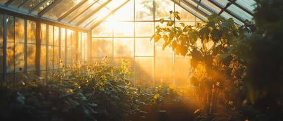 Morning light floods a greenhouse, casting a warm glow over lush plants, fostering life and growth.