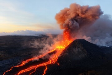 Erupting volcano displays fiery lava flows and dramatic plumes o