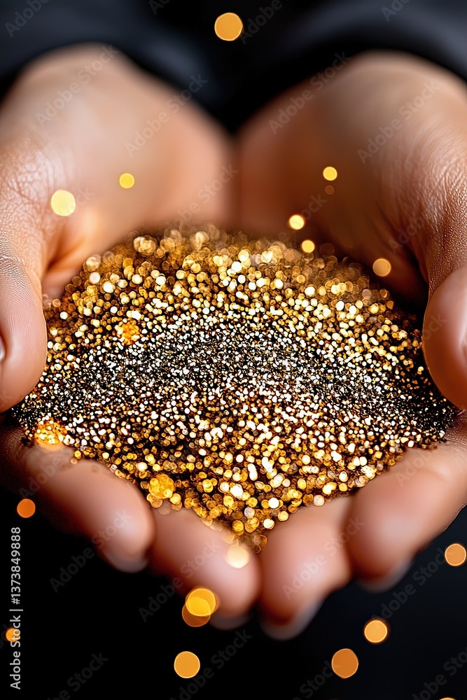 Poster a glowing display of golden particles in hands: capturing the essence of digital dreams and artistic