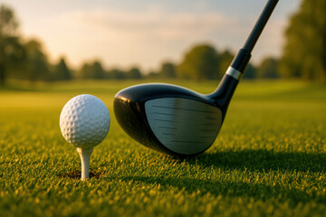 Golf ball on the course during a beautiful day. Promoting a new season, league, invitational, charity event, tournament, scramble, championship, challenge, or anything related to the topic of golf.