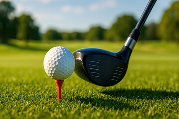 Golf ball on the course during a beautiful day. Promoting a new season, league, invitational, charity event, tournament, scramble, championship, challenge, or anything related to the topic of golf.