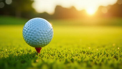 Golf ball on the course during a beautiful day. Promoting a new season, league, invitational, charity event, tournament, scramble, championship, challenge, or anything related to the topic of golf.