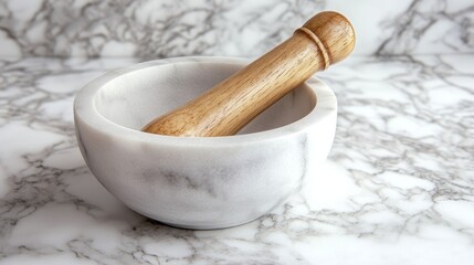 Mortar and pestle made of marble and wood sit