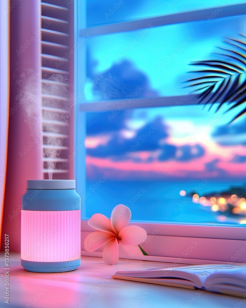 Poster serene digital dreamscape: aromatherapy diffuser in a tranquil setting with soft colors and a beauti