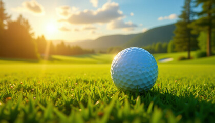 Golf ball on the course during a beautiful day. Promoting a new season, league, invitational, charity event, tournament, scramble, championship, challenge, or anything related to the topic of golf.