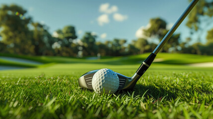 Golf ball on the course during a beautiful day. Promoting a new season, league, invitational, charity event, tournament, scramble, championship, challenge, or anything related to the topic of golf.