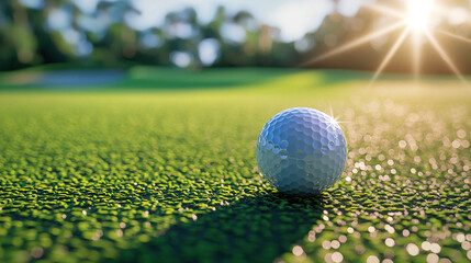 Golf ball on the course during a beautiful day. Promoting a new season, league, invitational, charity event, tournament, scramble, championship, challenge, or anything related to the topic of golf.