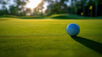 Golf ball on the course during a beautiful day. Promoting a new season, league, invitational, charity event, tournament, scramble, championship, challenge, or anything related to the topic of golf.