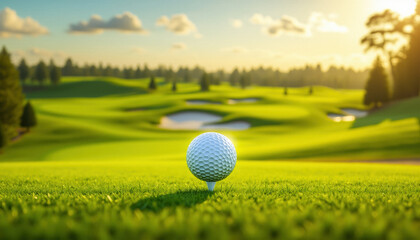 Golf ball on the course during a beautiful day. Promoting a new season, league, invitational, charity event, tournament, scramble, championship, challenge, or anything related to the topic of golf.