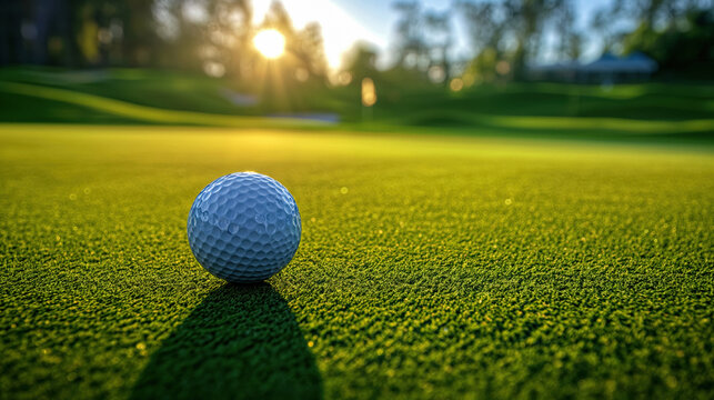 Golf ball on the course during a beautiful day. Promoting a new season, league, invitational, charity event, tournament, scramble, championship, challenge, or anything related to the topic of golf.