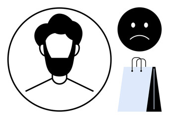 Stylized male face, frowning emotion, and shopping bag expressing dissatisfaction, disappointment, reaction, consumer experience, and emotional response. Ideal for feedback, service quality customer