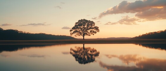Fototapeta premium In the glow of dawn, a single tree stands reflected in a calm lake, epitomizing nature’s symmetry and stillness against a gentle pastel sky.