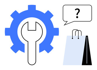 Wrench inside gear, shopping bag, and speech bubble with question mark suggest troubleshooting, customer support, or service. Ideal for business, e-commerce, maintenance, help problem-solving
