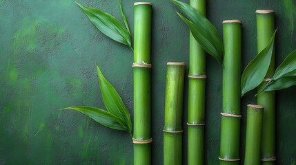 Serene bamboo stalks rise against a textured, dark green backdrop. A calming vertical arrangement with vibrant foliage