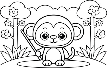 Outline Cartoon Monkey with Stick Surrounded by Trees with Flowers in a Garden