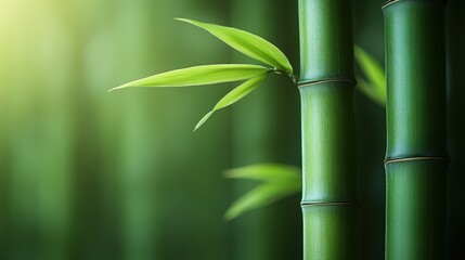 Lush bamboo leaf glows against a soft, blurred background. A tranquil, close-up view of nature's simple beauty