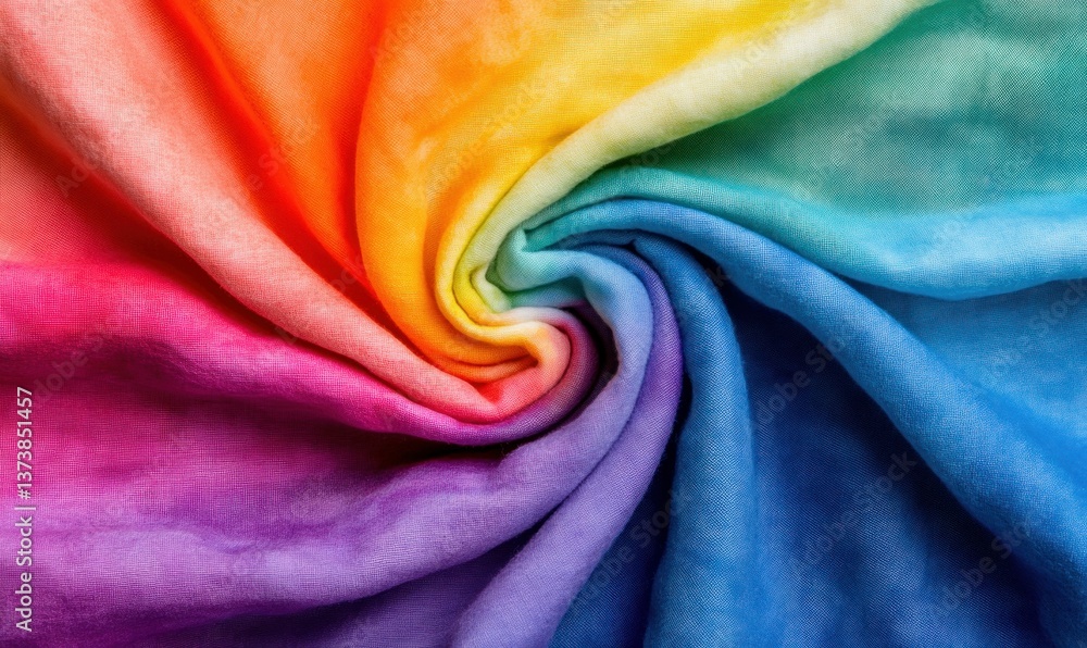 Poster close-up of a vibrant rainbow-colored fabric with a swirling pattern, creating an eye-catching visua