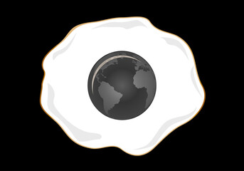 Calentamiento global, el planeta Tierra frito como un huevo frito en tono blanco, negro y grises. Ecologismo © Montsilus