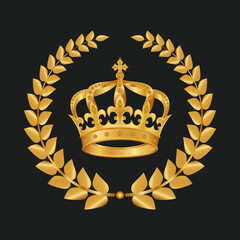 Golden royal crown with a laurel wreath on a black background