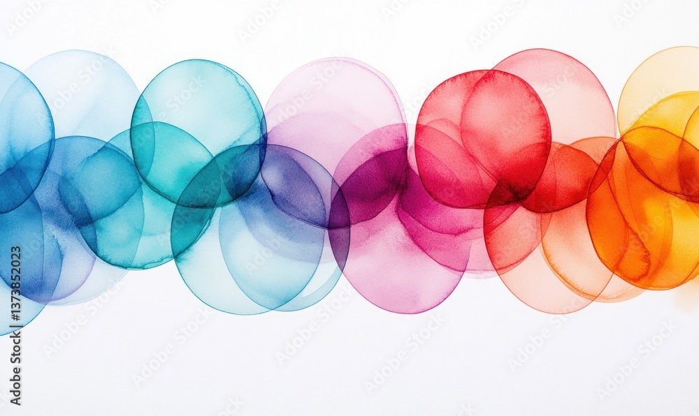 Poster a string of overlapping watercolor circles in a spectrum of colors create an abstract artwork.