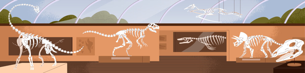 Interior of paleontology museum. Archaeological display of extinct animals. Exposition of dino bones, dinosaur skeletons, skulls. Hall with ancient remains, fossil discovery. Flat vector illustration © Paper Trident