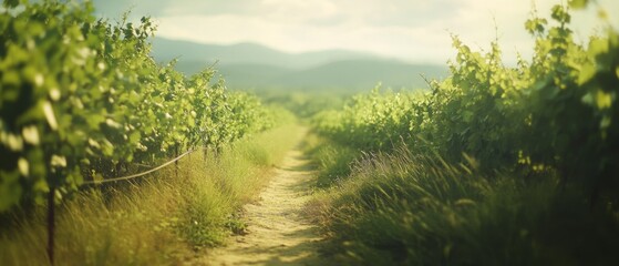 Obraz premium A sunlit path winds through lush vineyards with distant mountains, creating an inviting and tranquil rural view.
