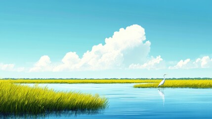 Fototapeta premium Westhampton Beach Landscape: Vibrant Salt Marsh with Intertidal Waters, Copy Space Available