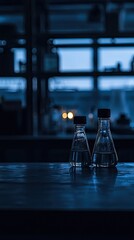 Erlenmeyer flasks on a dark wood table, bar setting, evening