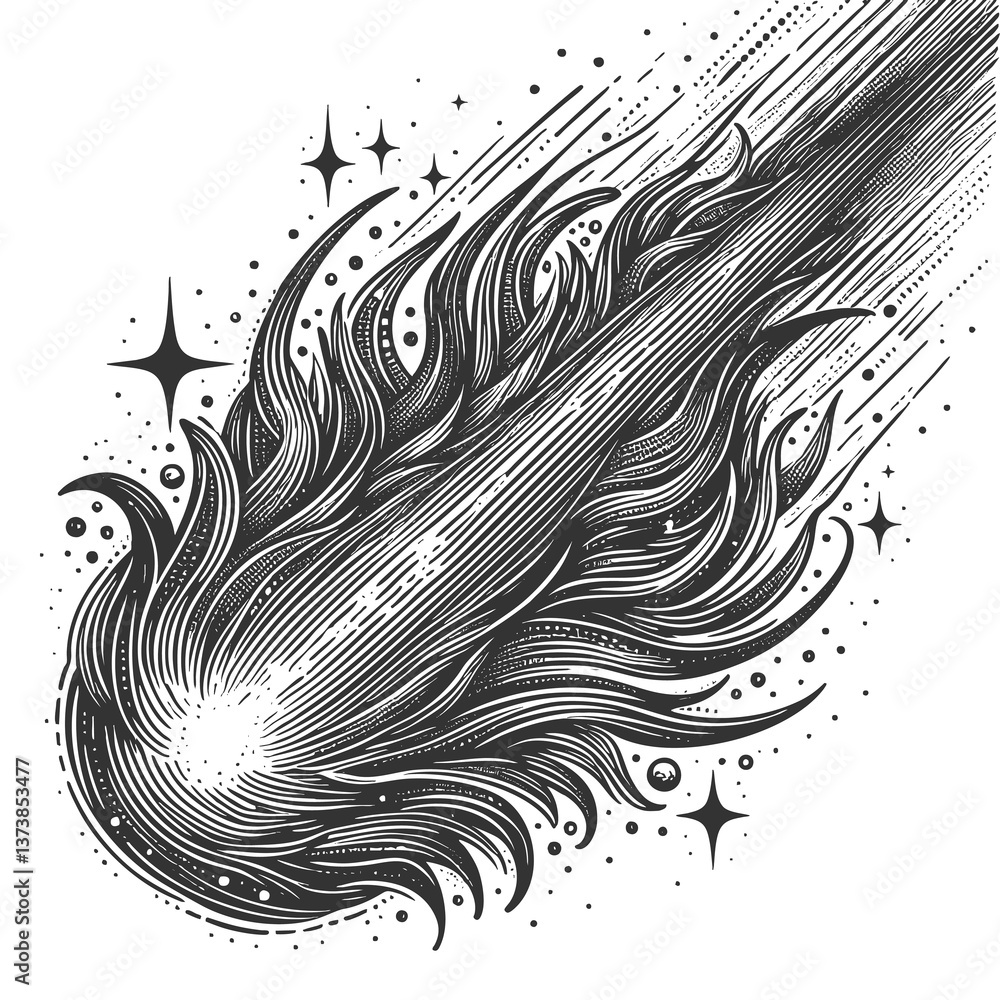 Poster comet blazing meteor with fiery tail, streaking through space surrounded by stars in a vintage engra