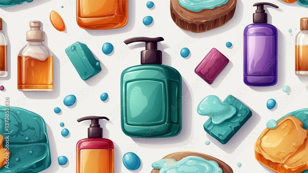 Poster colorful array of personal care products arranged on a bright background showcasing various shapes a