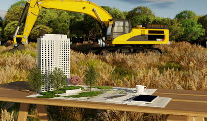 Architectural Model of High-Rise Building on Construction Site with Excavator in Background - 3D Illustration