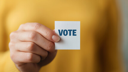 Empowering message to participate in democracy, showcasing hand holding card that says VOTE against warm background