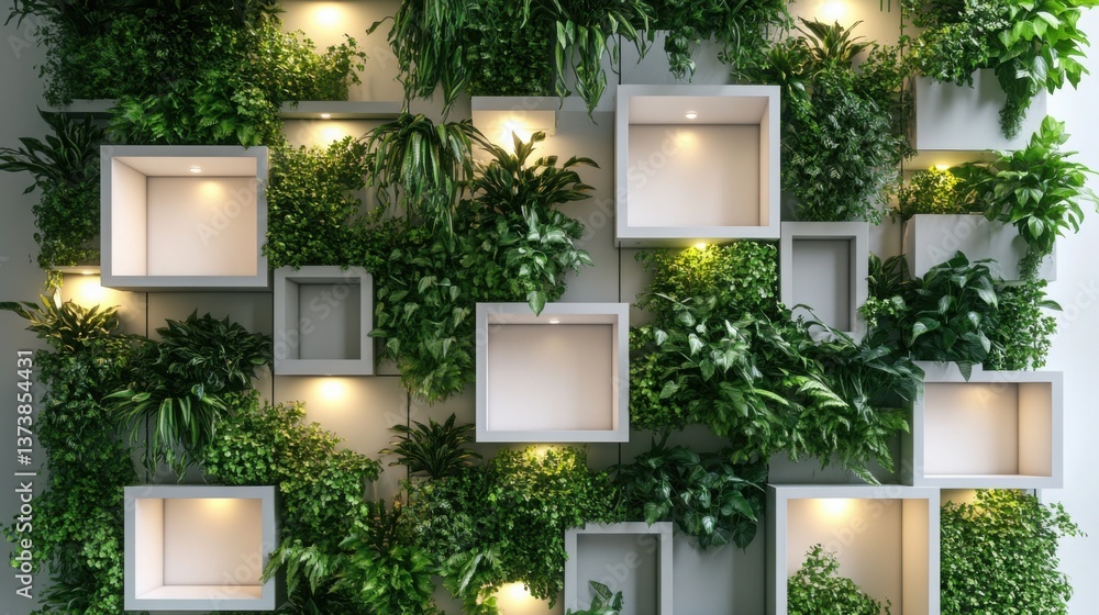 Poster a high-end 3d visualization of a modern vertical garden with neatly arranged plants in geometric pat
