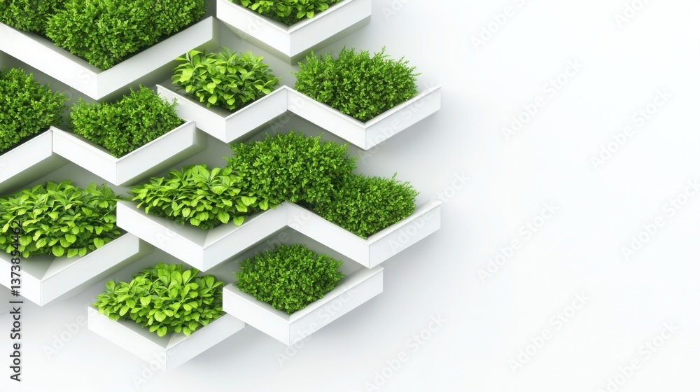 Poster a high-end 3d visualization of a modern vertical garden with neatly arranged plants in geometric pat