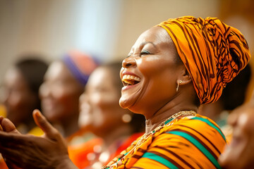 Joyful elderly African woman in traditional clothing laughing at religious event in church with other parishioners