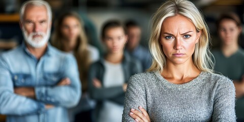Fototapeta premium Woman Feeling Uneasy, with colleagues In, The Background Of An Isolating Office Environment