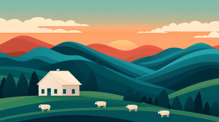 serene landscape featuring rolling hills, quaint house, and grazing sheep under colorful sunset. scene evokes tranquility and harmony with nature