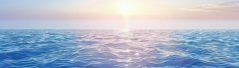 Fototapeta premium A serene ocean view at sunrise, showcasing calm waters reflecting soft hues of blue and warm sunlight in a tranquil atmosphere.
