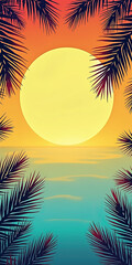 Obraz premium a vibrant sunset viewed through palm fronds, emitting rich orange and yellow hues over the calm blue ocean, creating a serene tropical atmosphere