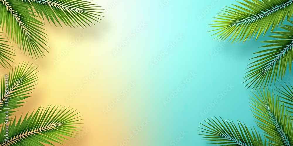 Poster lush green palm leaves frame a vibrant gradient background transitioning from soft yellow to soothin