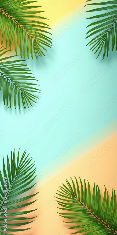 Poster tropical palm leaves frame a soft gradient background in teal and orange creating a vibrant and rela