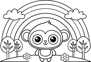 Cute Outlined Monkey with Rainbow, Clouds, Trees, and Flowers on Transparent Background