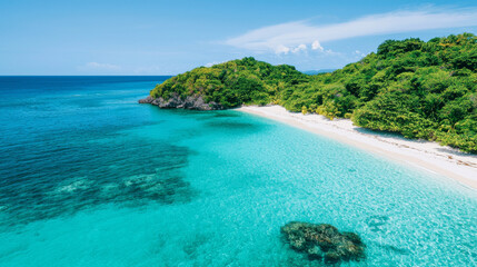 Fototapeta premium stunning tropical beach with clear turquoise waters, soft white sand, and lush green vegetation lining shore, creating serene paradise